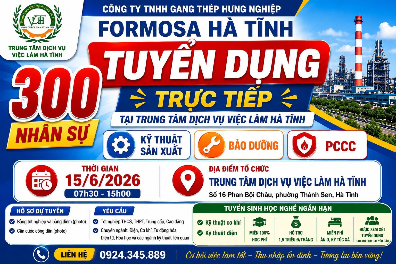 Xã Hương Xuân thông báo FORMOSA Hà Tĩnh tuyển dụng trực tiếp 300 nhân sự.