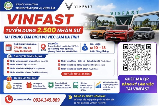 Xã Hương Xuân Thông báo VINFAST tiếp tục tuyển dụng 2.500 nhân sự tại trung tâm DVVL Hà Tĩnh